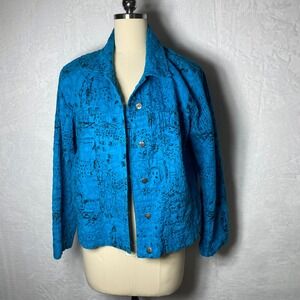 Chicos Size 1 M 8-10 Blue Quilted Button Up Jacket Abstract Print Long Sleeve